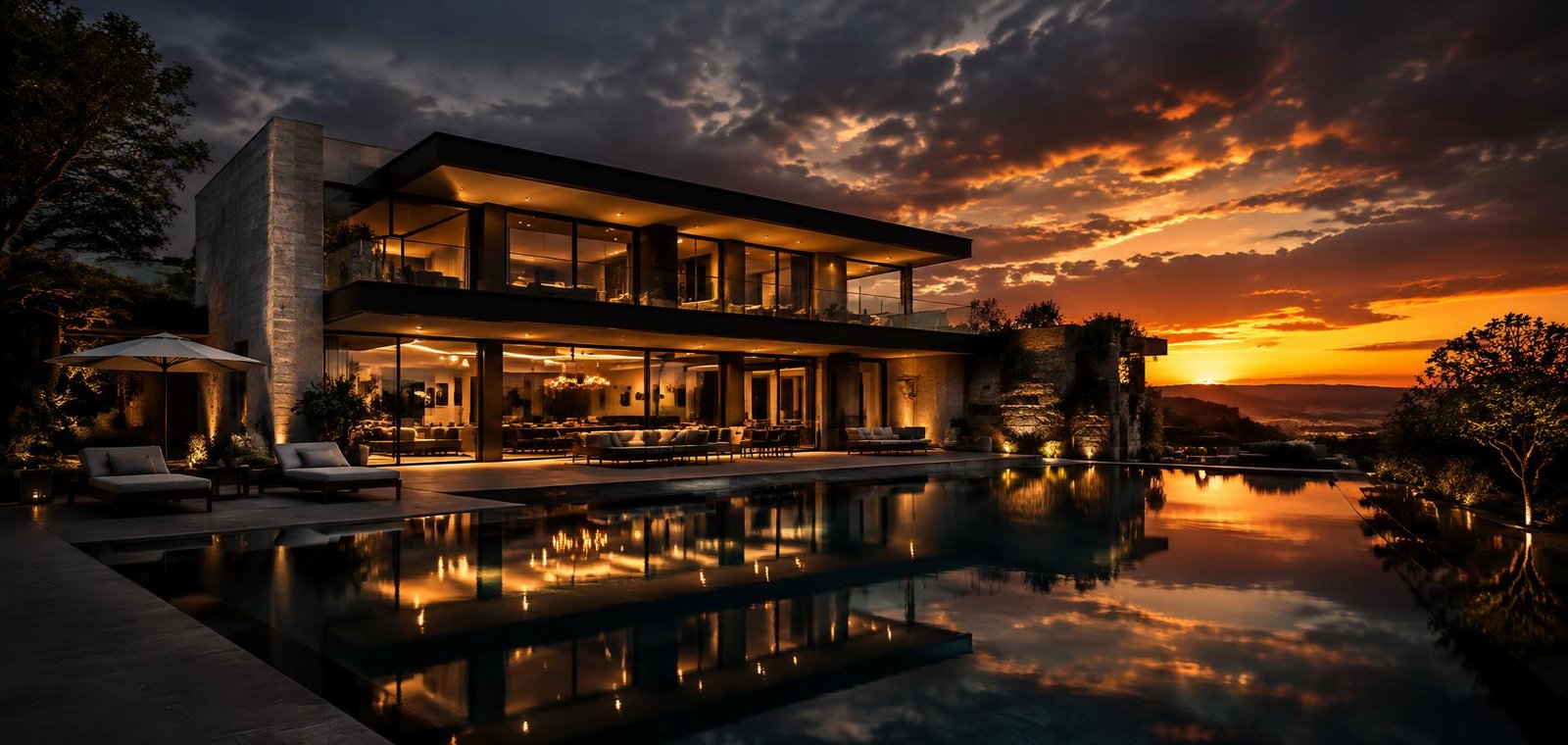 Modern luxury villa at sunset